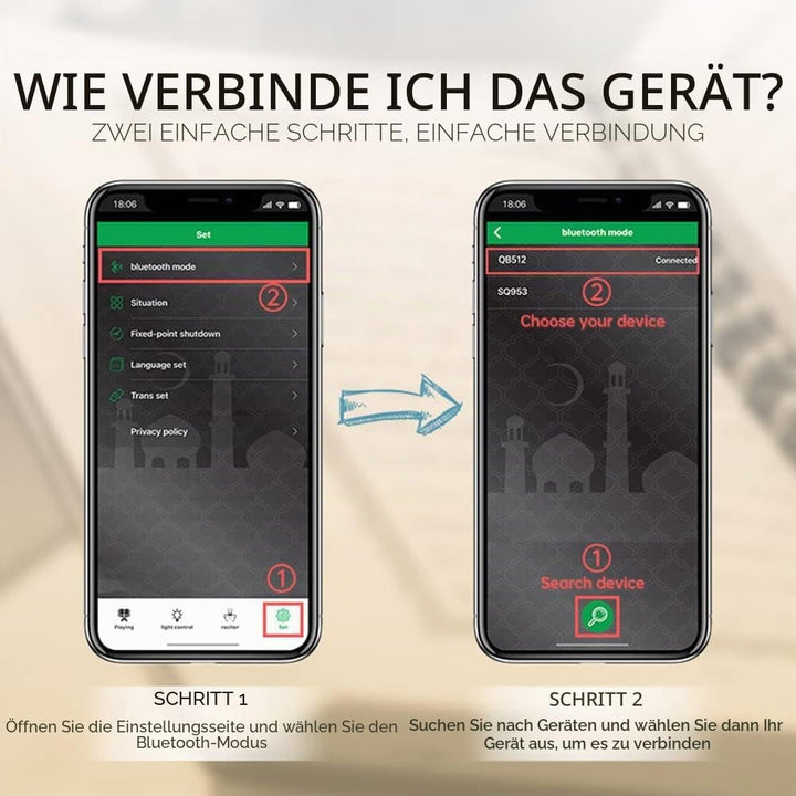 OBEST Quran Lautsprecher Koran, 3D Mondlampe, muslimischer Bluetooth-Player, mit 7 Farben, Touch-Far