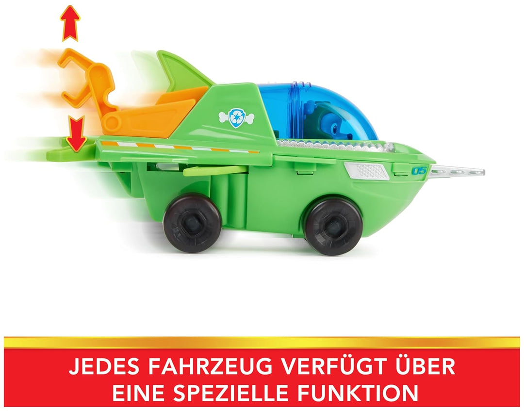 PAW PATROL, Aqua Pups - Basis Fahrzeug Spielzeugauto im Sägefisch-Design mit Rocky Welpenfigur, Spie
