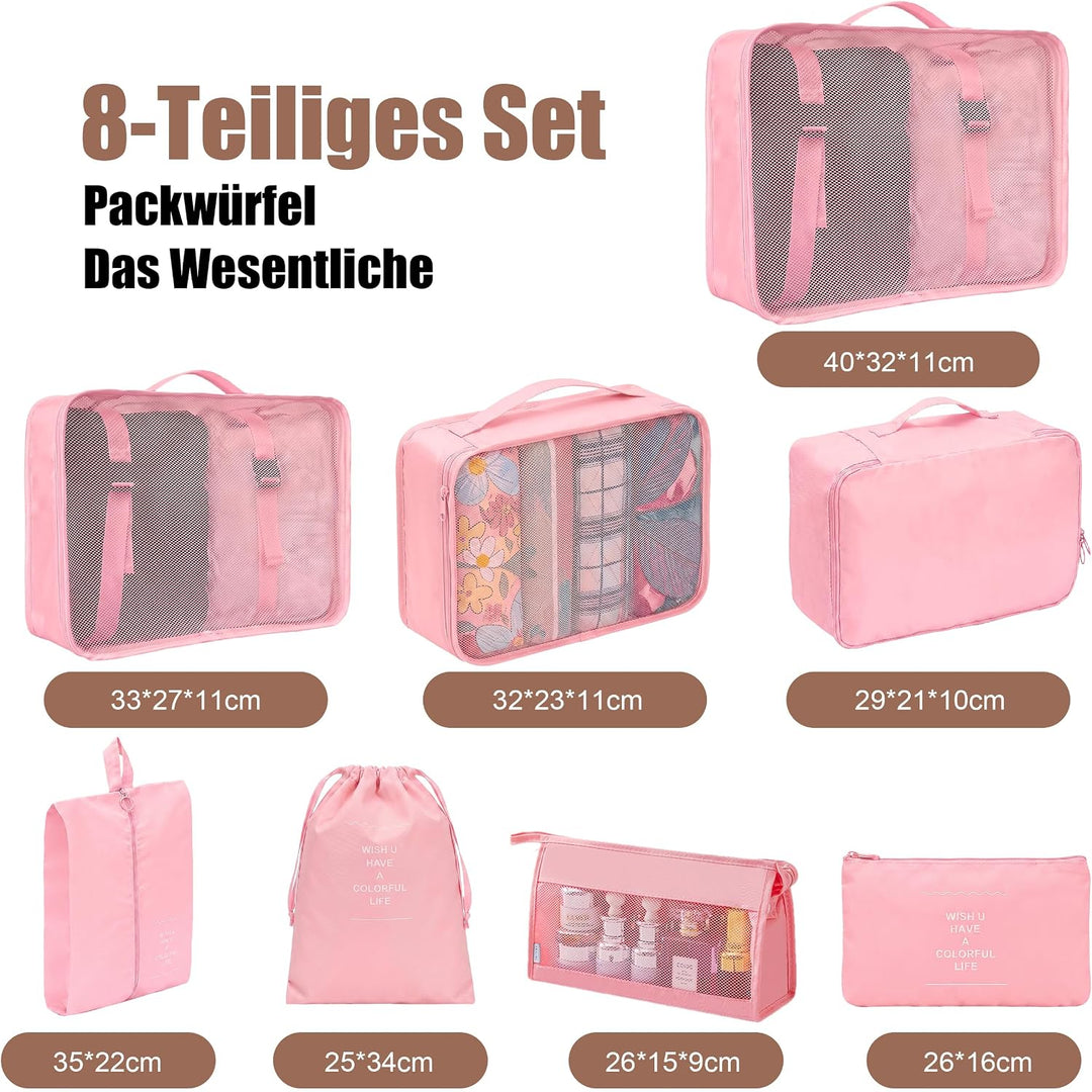 Packing Cubes 8er Set Koffer Organizer Packwürfel Set wasserdicht | Leichte Reise Packtaschen für Ko