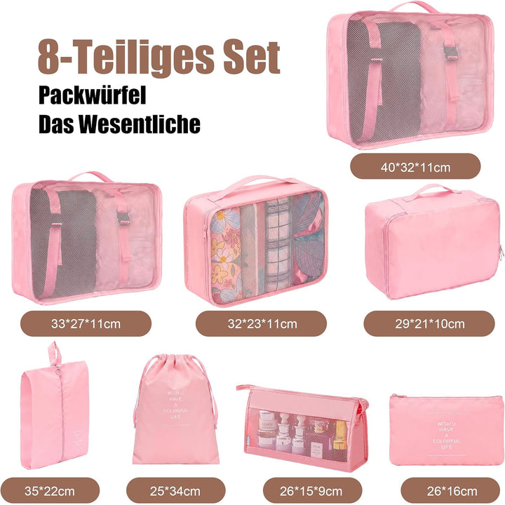 Packing Cubes 8er Set Koffer Organizer Packwürfel Set wasserdicht | Leichte Reise Packtaschen für Ko