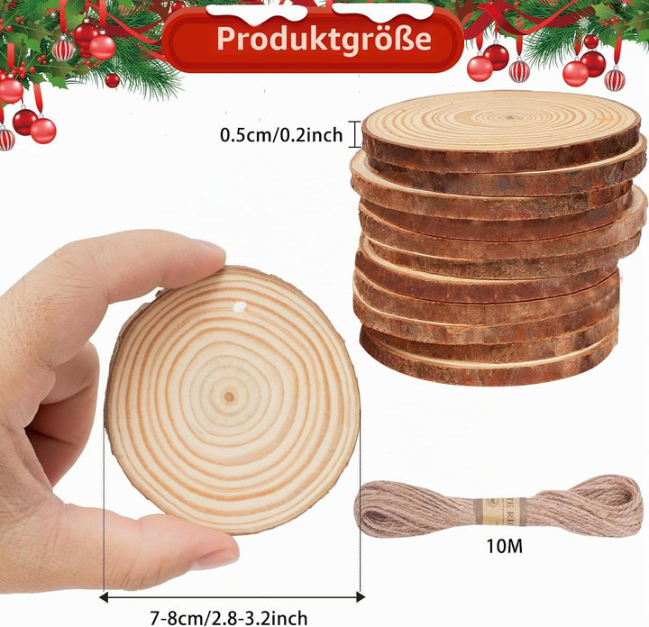 CUWELT 42 Stück Holzscheiben mit Loch, 7-8CM Holz Log Scheiben mit 10m Jute Schnur, Baumscheiben Run