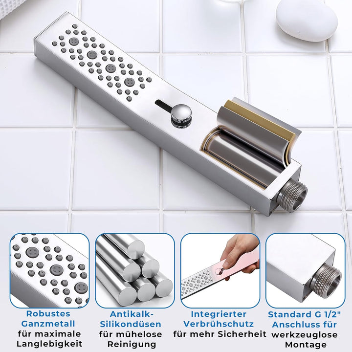 quadratischer Handbrause-Duschkopf aus Vollmetall mit 2 Funktionen, seitlichem Druckschalter für ein