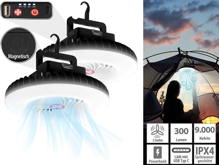 Semptec Urban Survival Technology Camping Licht: 2er-Set 3in1-Akku-LED-Lichter & Ventilatoren + USB-