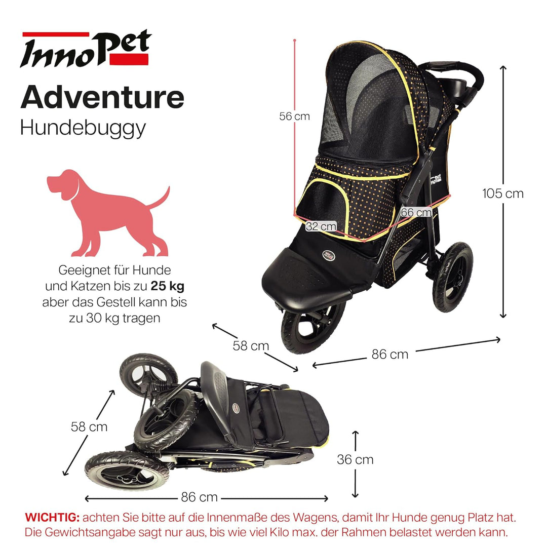 Innopet Adventure Hunde- &amp; Katzenbuggy Schwarz/Gelb - Geländegängiger Hundewagen für Hunde bis zu 30