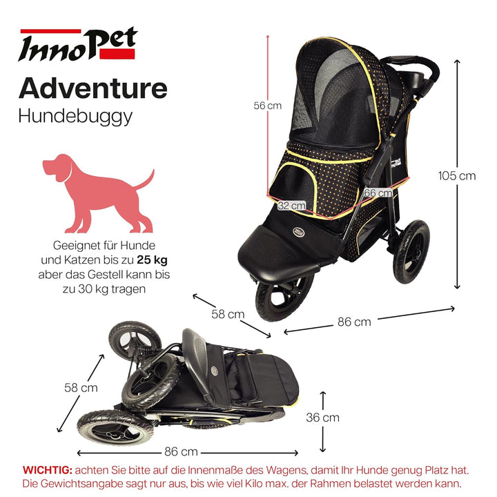 Innopet Adventure Hunde- &amp; Katzenbuggy Schwarz/Gelb - Geländegängiger Hundewagen für Hunde bis zu 30