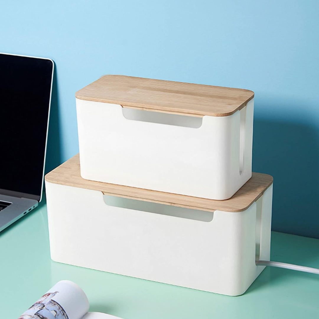 Kabelmanagement Box mit Holz Deckel, 31 x 14 x 12,8cm Weiss Kunststoff Kabelbox Schreibtisch Kabel O