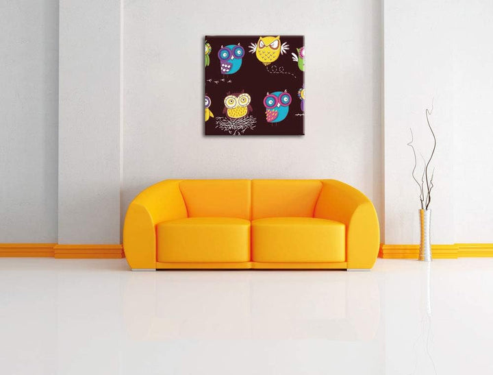 Verrückte Eulen für Kinder, Format: 70x70 auf Leinwand, XXL riesige Bilder fertig gerahmt mit Keilra