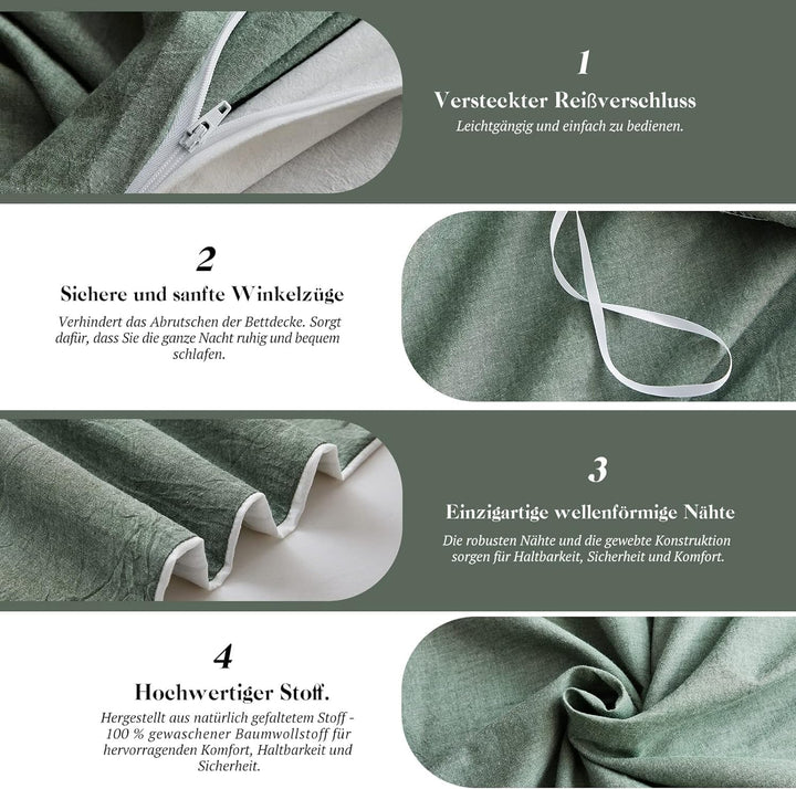 SOULFUL Bettwäsche 135x200 Baumwolle 4 Teilig, Bettwäsche-Sets Salbei Grün mit Reissverschluss, Ähnl