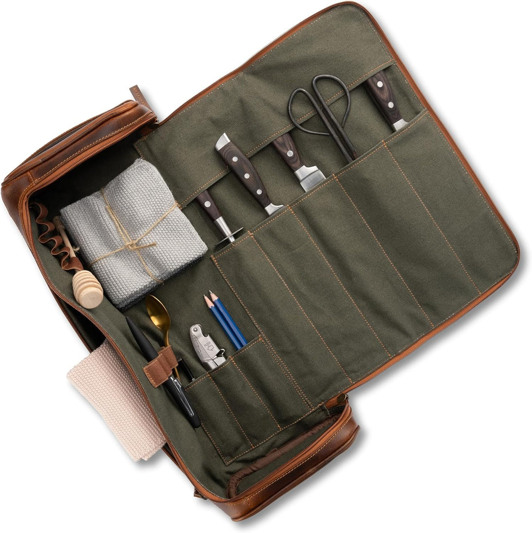 Angus Stoke Premium Messertasche/Koffer aus Leder | extra grosse Kochtasche mit vielen Extras und St