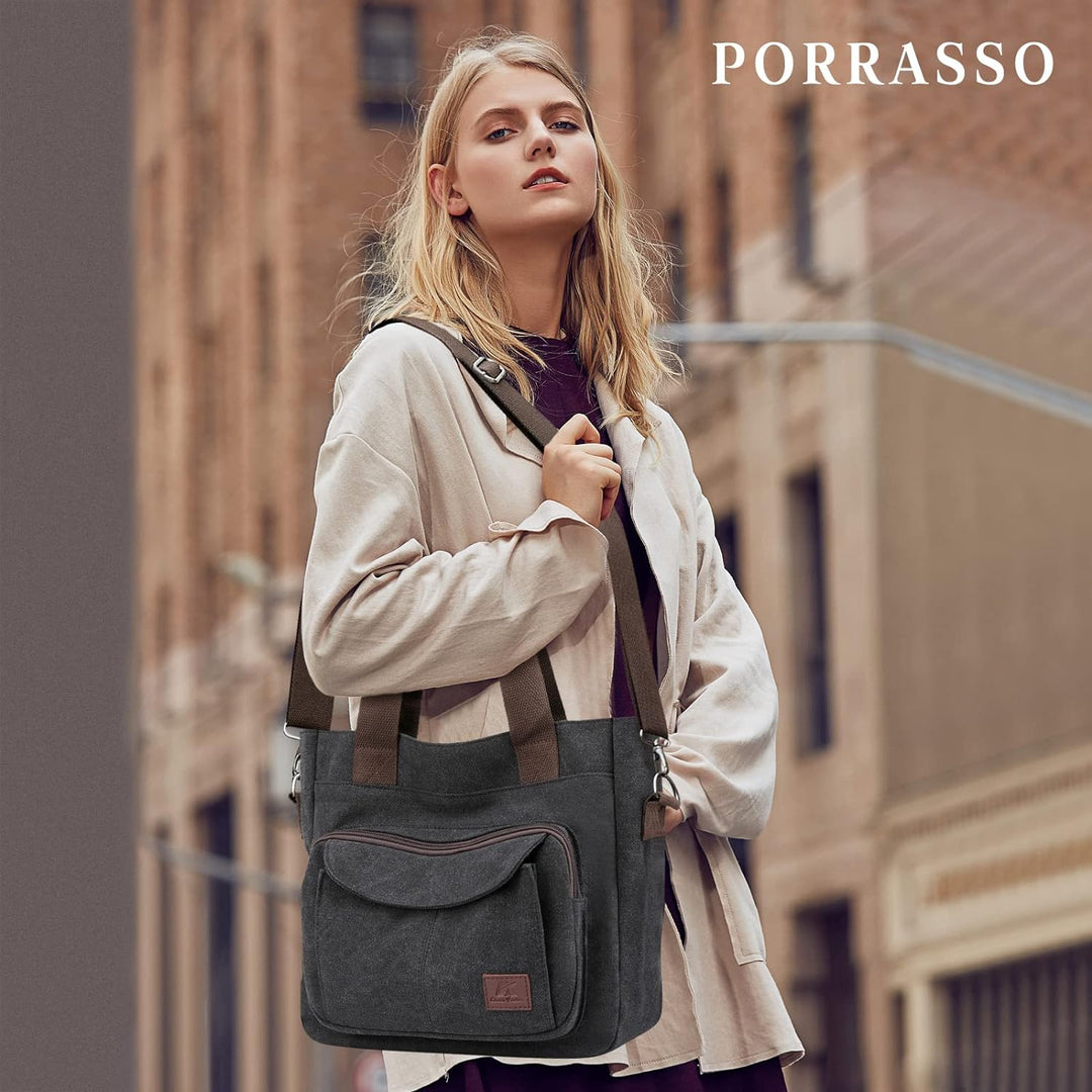 PORRASSO Damen Umhängetasche Canvas Schultertasche Handtasche Hobotasche Tote Mädchen Crossbody Bag