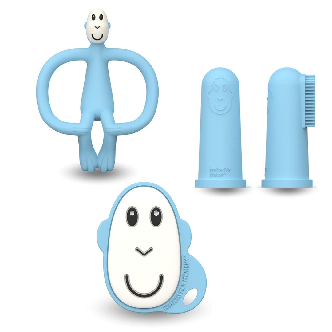 Matchstick Monkey Zahnungs Starter-Set – Flacher Beissring, Tier-Beissring & 2 Silikon-Fingerzahnbür