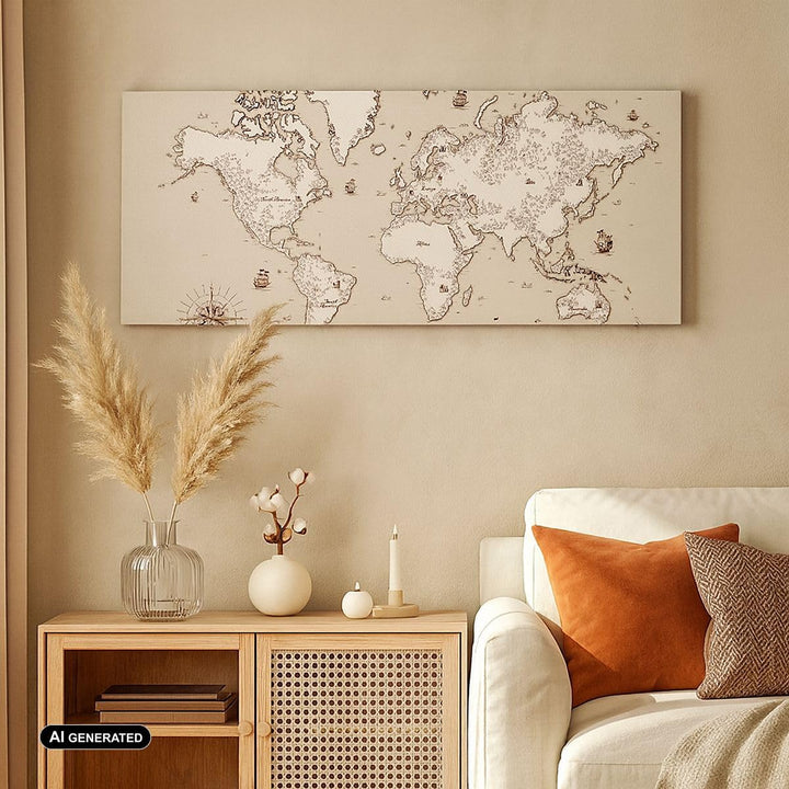 Wandbilder Dekoration Wohnzimmer Karte Welt Klassiker Kontinente Panorama Bilder auf Leinwand 120x50