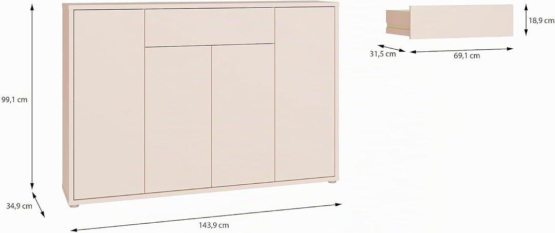 Forte Alice Springs Schuhschrank 150, modern-minimalistisch, 4-türig, 1 Schublade, Flur, Holzwerksto