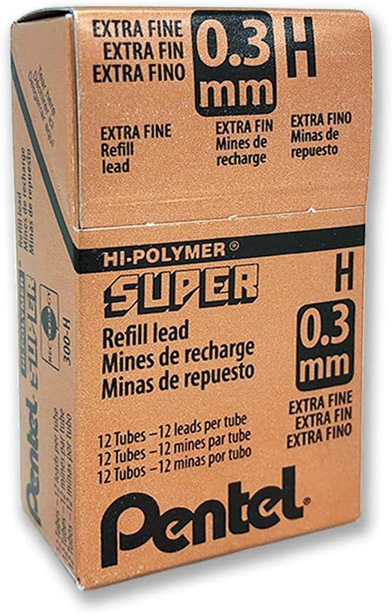 Pentel Super Hi-Polymer Nachfüllmine, 0,3 mm Mine, Klasse H, 1 Packung mit 12 Tuben, (12 Leads pro T
