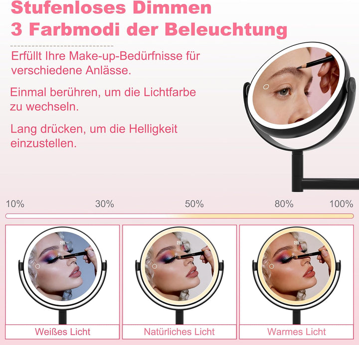AIMAX Kosmetikspiegel mit Beleuchtung, 2000mAh Wiederaufladbarer Wandspiegel mit 1X &amp; 10X Vergrösser