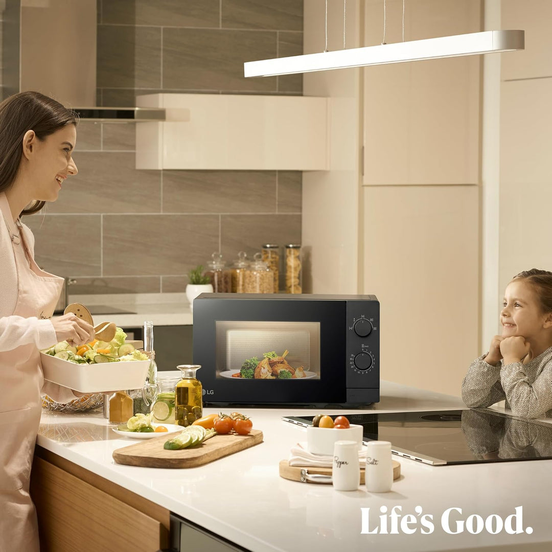 LG MS2082F Mikrowelle, 20 Liter, 700 W, Schwarz, 44,5 x 25,8 x 34,5 cm, mechanische Steuerung, 5 Lei