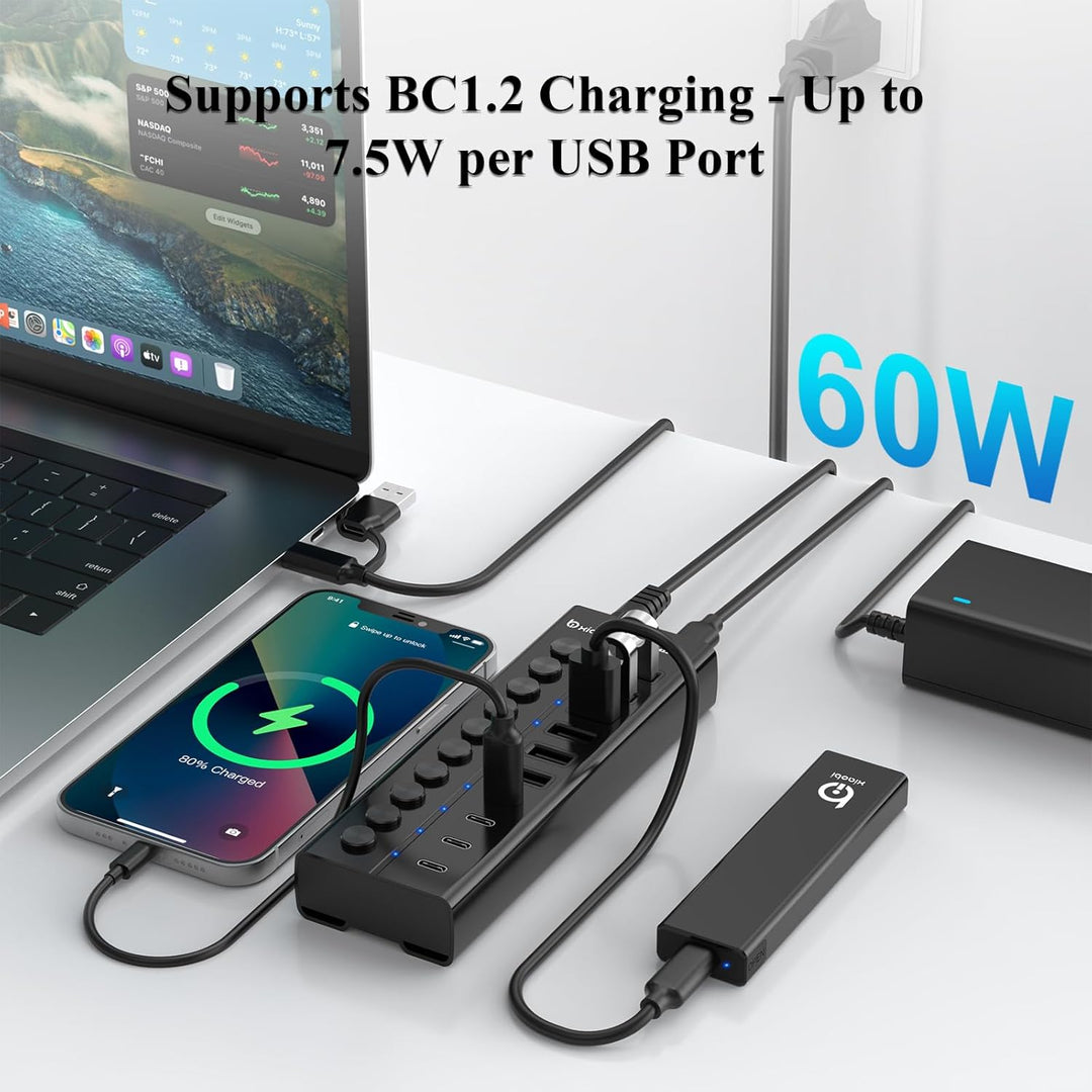 10 Port USB Hub mit Netzteil 60W - 10Gbps USB 3.2 Gen 2 Hub Aktiv aus Aluminium mit 6 USB-A & 4 USB-