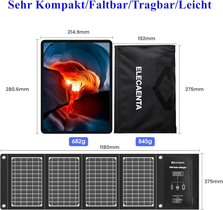 ELECAENTA 30W ETFE Faltbar Solar Ladegerät 3-Port USB PD18W QC3.0 Type-C Solar Panel Reissverschluss