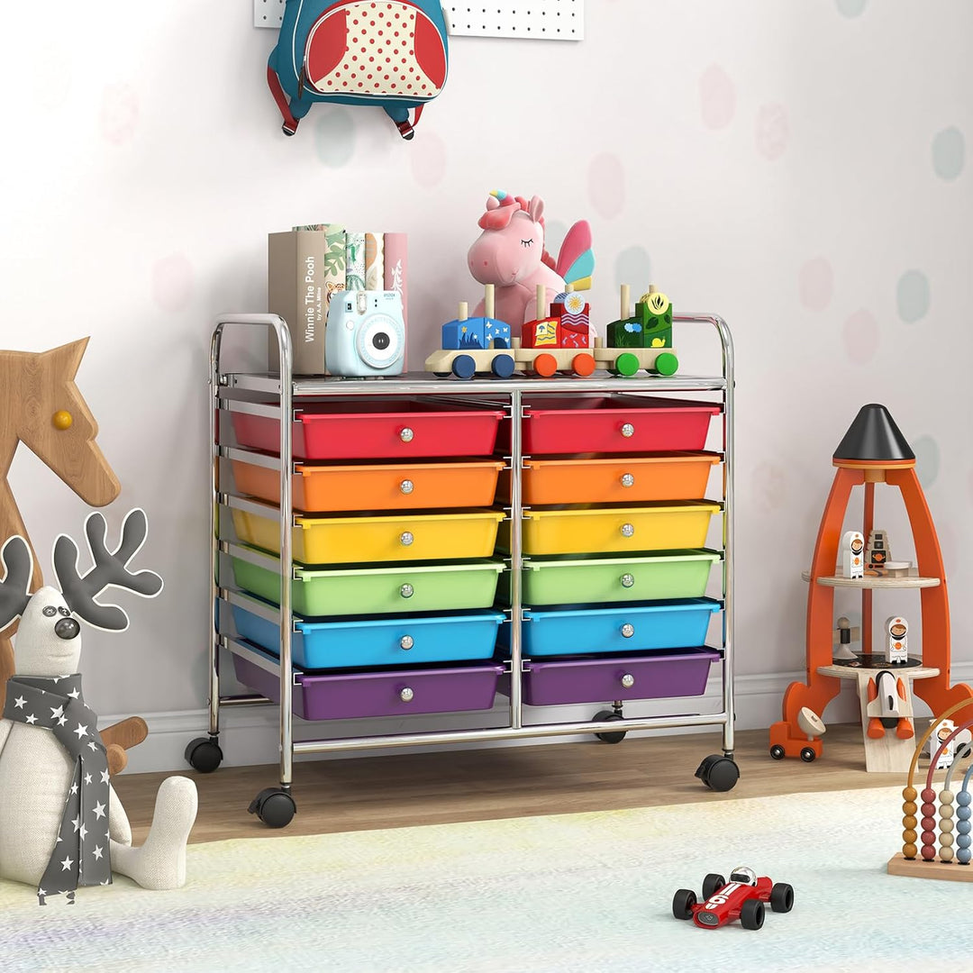 COSTWAY Rollwagen mit 12 stapelbaren Schubladen, Schubladenwagen Rollcontainer mit Metallgestell & A