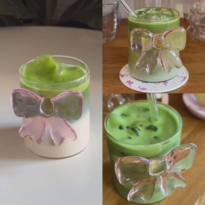 Matcha Set Rosa Matcha Schale,Matcha Tasse Trinkbecher mit Bow Iced coffee Trinkglas,Matcha Sieb Mat