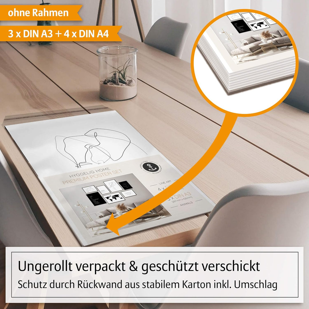 Hyggelig Home Premium Poster Set - 7 harmonische Line Art Bilder - Tiere schwarz weiss Strichzeichnu