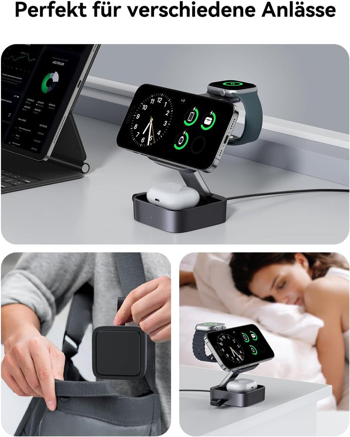 3-in-1 Ladestation für Apple, Magnetisches Faltbares Kabelloses Ladegerät mit Mag-Safe für iPhone Ai