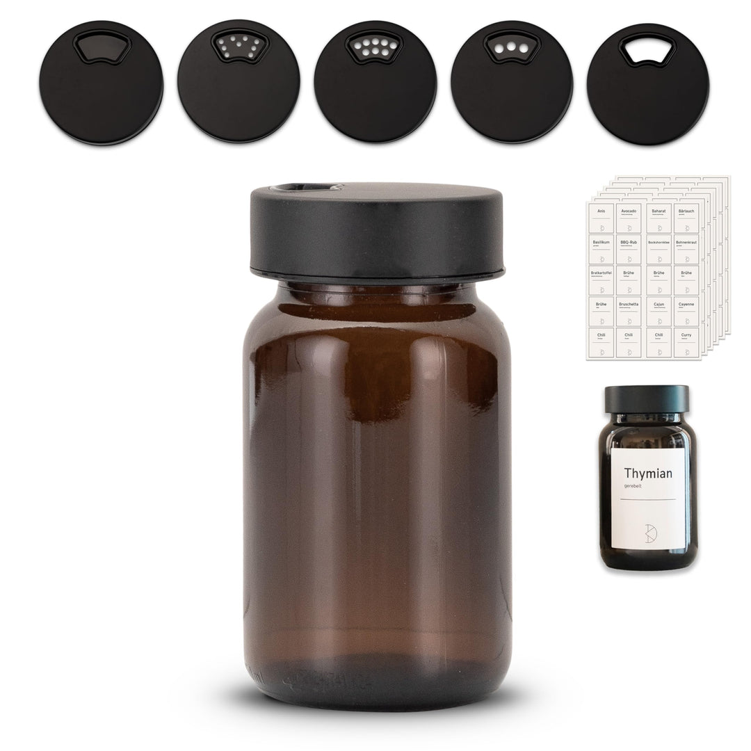Gewürzgläser – Premium Gewürzglas aus Braunglas | Gewürzstreuer Set | Gewürzdosen mit Deckel und UV-