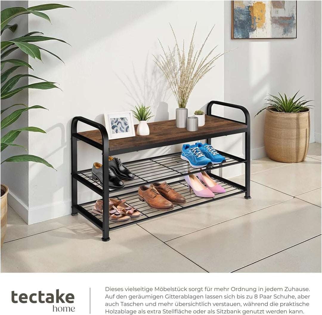 tectake® Schuhregal schmal mit Sitzfläche, Schuhbank 3 Ebenen, 2 Gitterablagen, Schuhregal platzspar