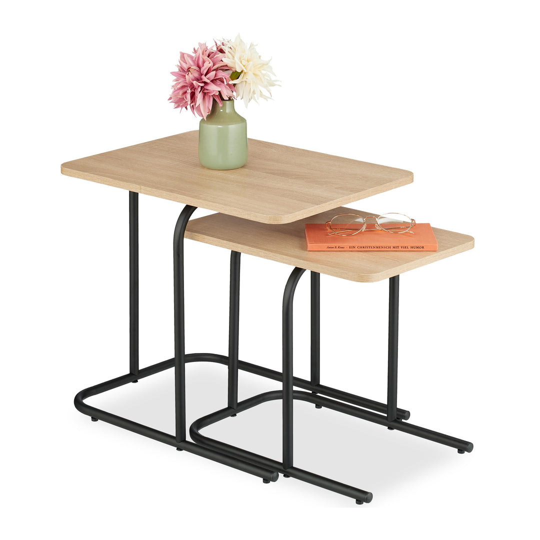 Relaxdays Satztisch, 2er Set, Holzoptik, Metall, eckiger Beistelltisch, Wohnzimmer, Flur, Couchtisch