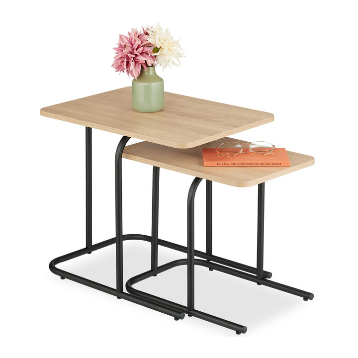 Relaxdays Satztisch, 2er Set, Holzoptik, Metall, eckiger Beistelltisch, Wohnzimmer, Flur, Couchtisch