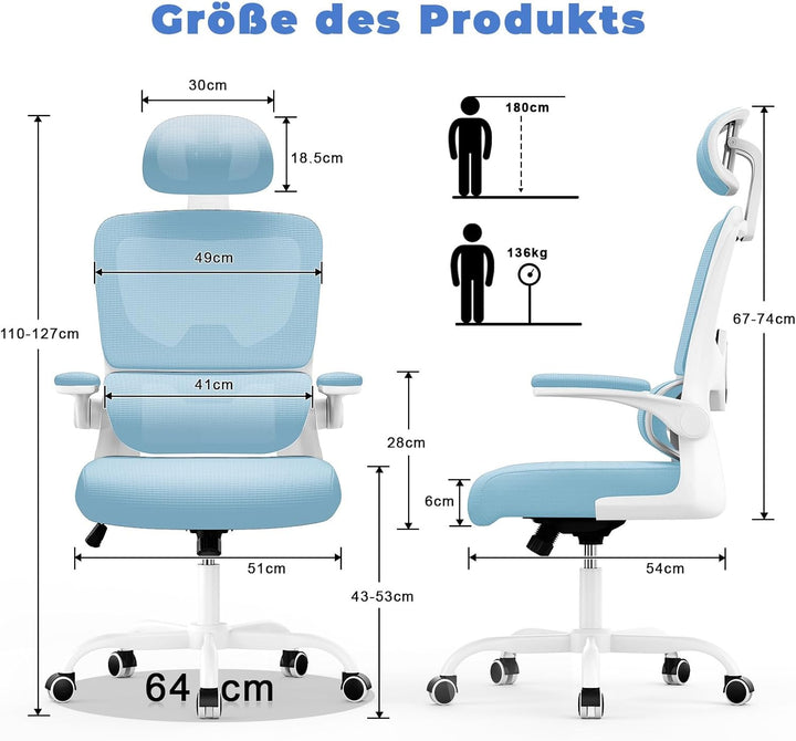 naspaluro Ergonomischer Bürostuhl: Schreibtischstuhl mit C-förmiger Lordosenstütze,Verstellbarer Kop