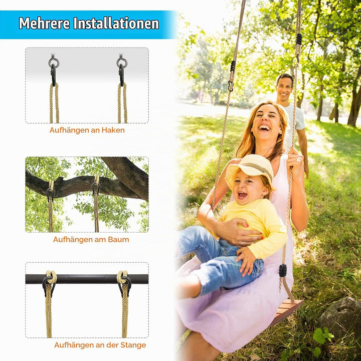 Holzschaukel Outdoor für Erwachsene Kinder, Schaukelsitz Holz mit Verstellbarem Hanfseil Schaukel Ho