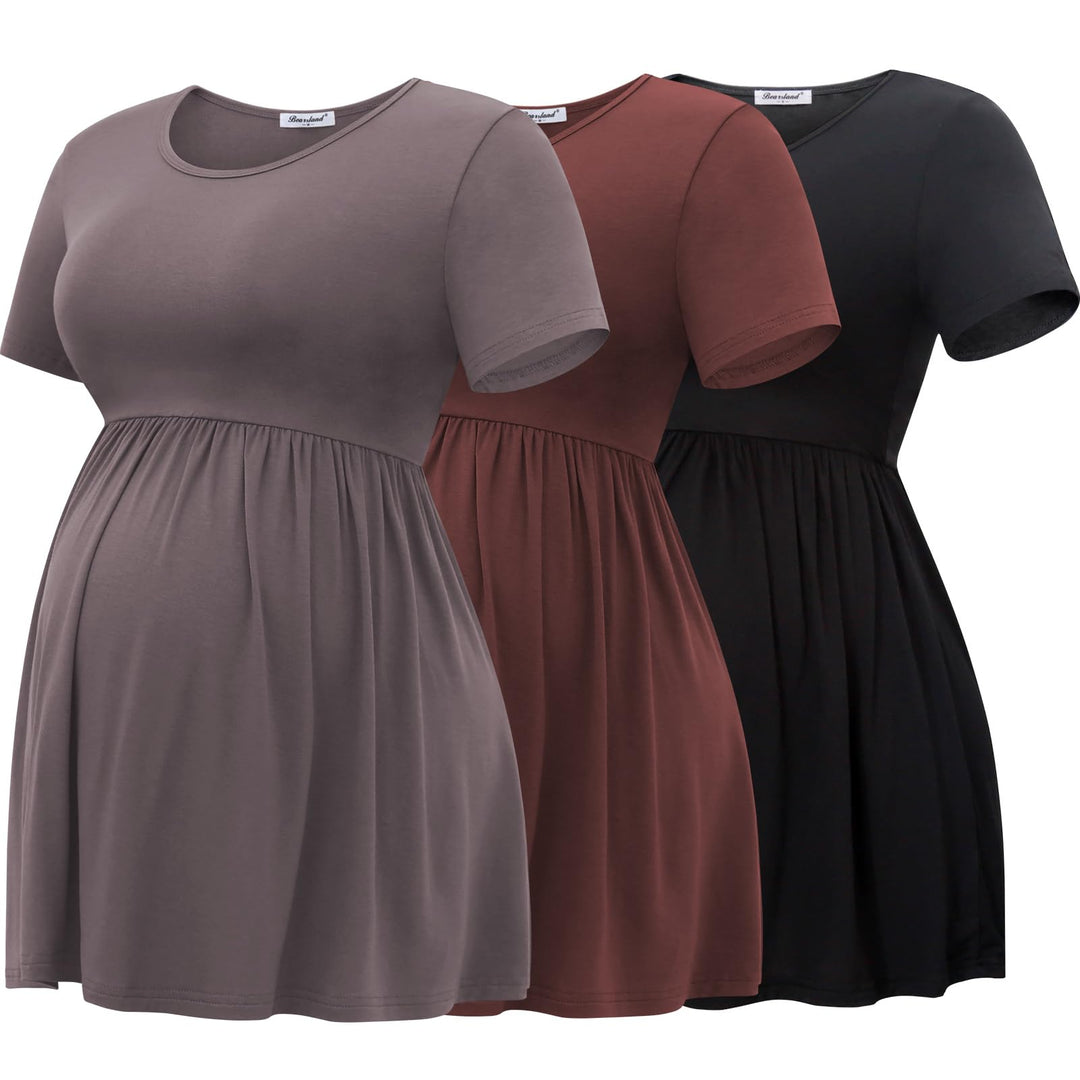 Bearsland Maternity Tops Short Sleeve Scoop Neck Breastfeeding T-Shirt Pregnancy Clothes S Black&nut