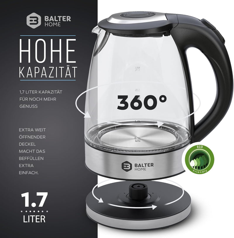 Balter Glaswasserkocher WK-9-1,7L Wasserkocher Glas - 2200W – 360° Basis - LED – Wasserkocher Klein