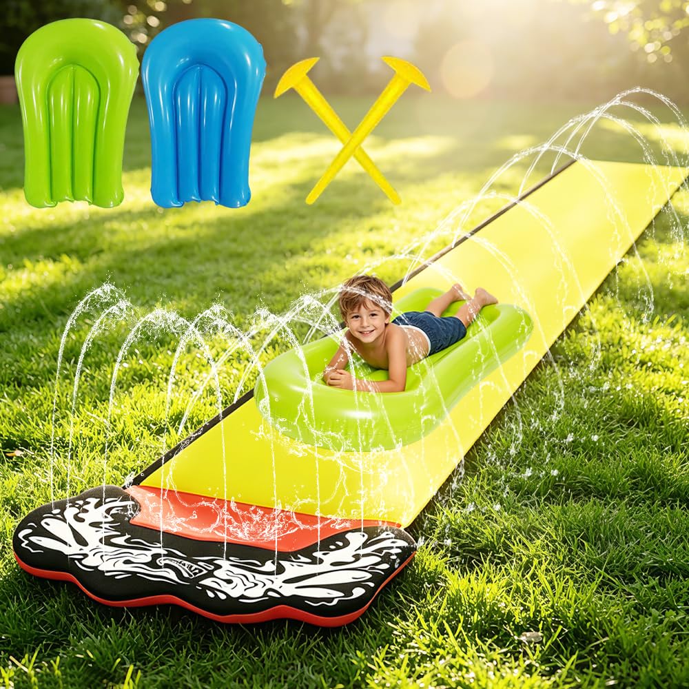 Wasserrutsche Garten, 480 x 70 cm Single Water Slide, Wasserrutschmatte mit 2 Bodyboards, Eingebaute