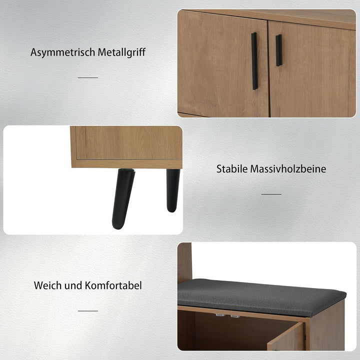 Merax Schuhschrank mit Sitzbank, Schuhbank mit Stauraum, 3 Stauraumtüren, asymmetrische Metallgriffe