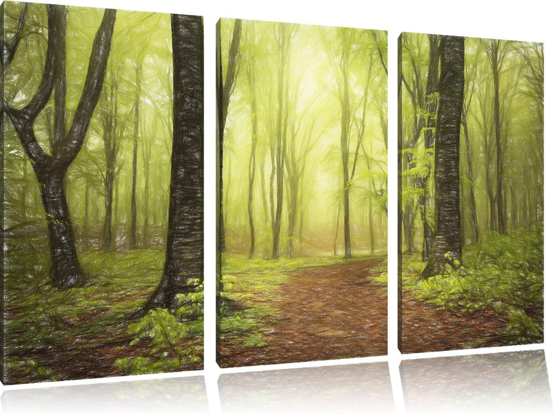 Pixxprint Weg im Wald / 3-Teilig/Gesamtmass 120cm Leinwandbild bespannt auf Holzrahmen/Wandbild Kuns