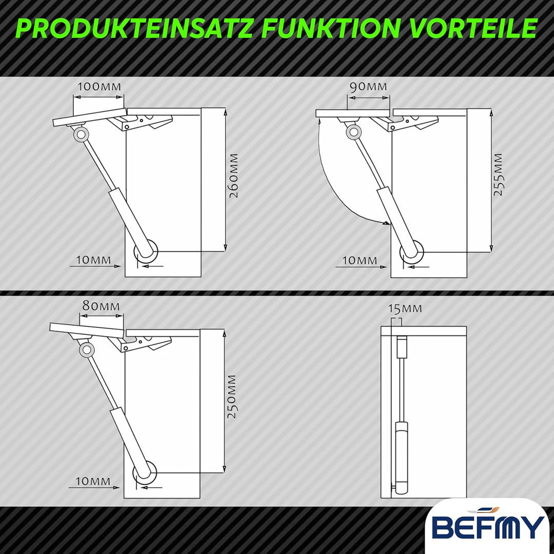 BEFMY Gasdruckfeder Schwarz 250-900mm | Universal Gasdruckdämpfer 200N-900N | Robuste Konstruktion m