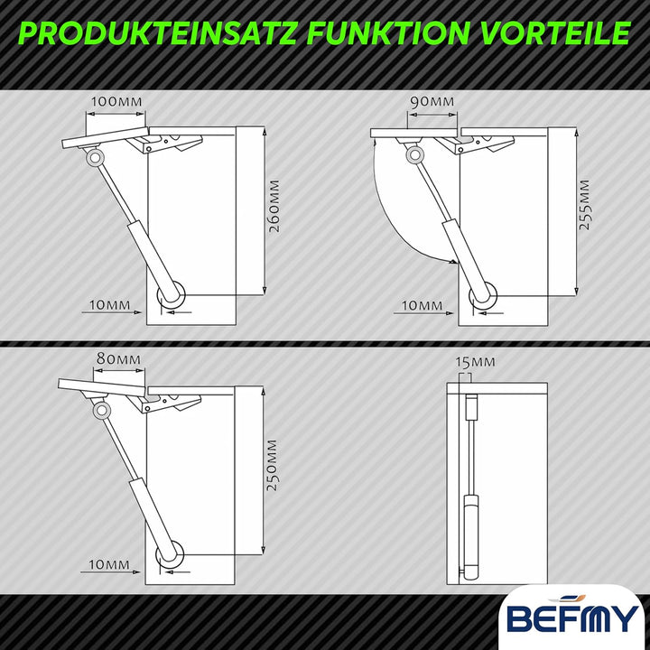 BEFMY Gasdruckfeder Schwarz 250-900mm | Universal Gasdruckdämpfer 200N-900N | Robuste Konstruktion m