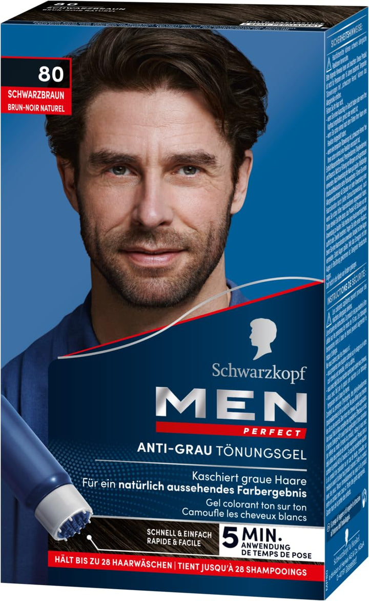 Schwarzkopf Men Perfect Anti-Grau Tönungs-Gel 80 Schwarzbraun (80 ml), Haarfarbe für Männer blendet