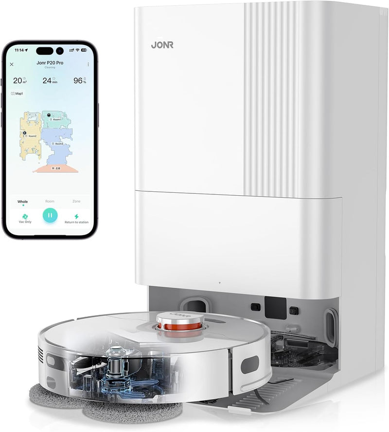 JONR P20 Pro Saugroboter mit Wischfunktion und Hubmop, 8000Pa All-in-One Reinigungsstation, Hinderni