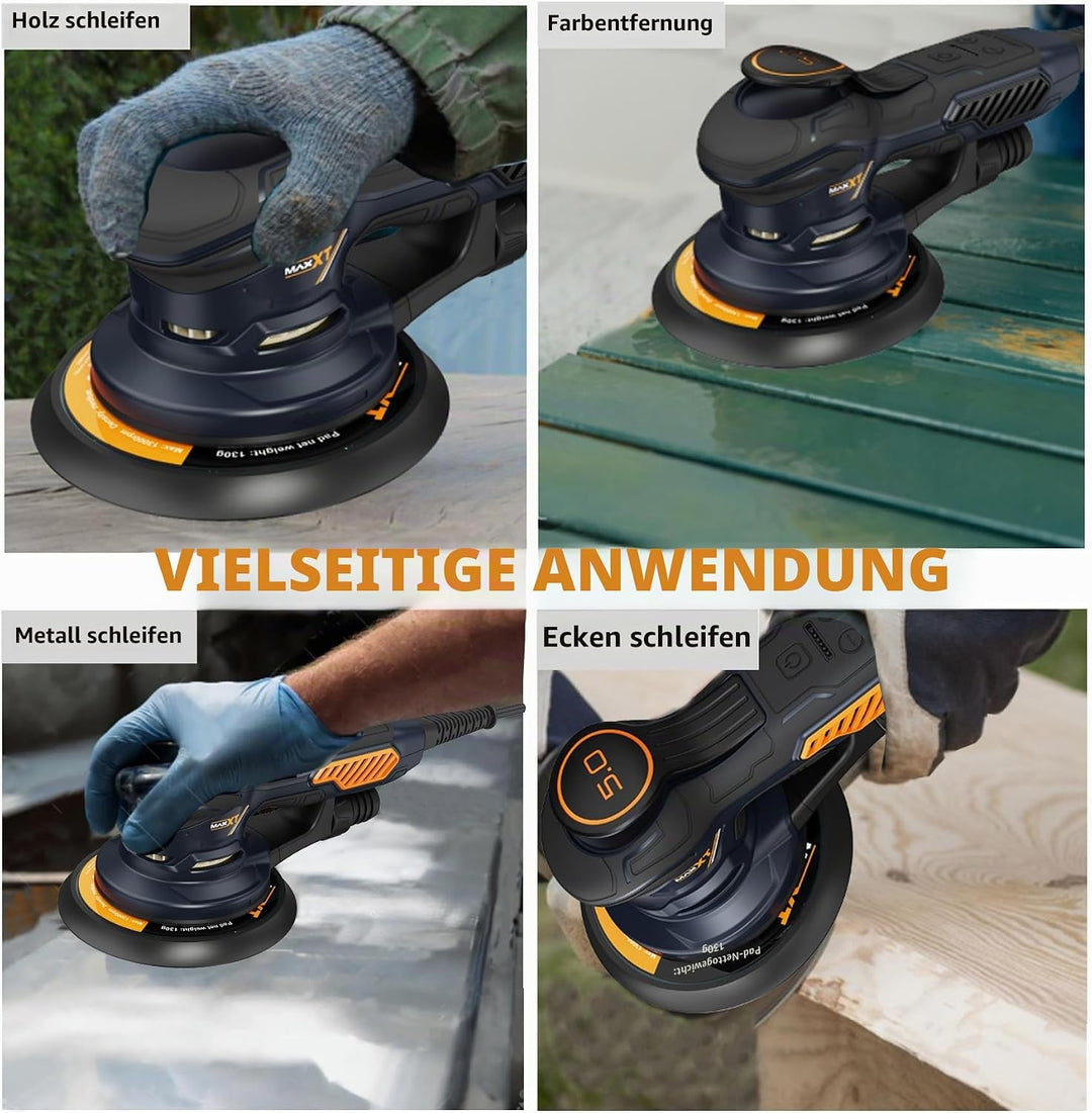 MAXXT Bürstenlos Orbital-Schleifer für 6-Zoll-Papiere, Elektro-Random-Orbital-Schleifer mit 10000 U/