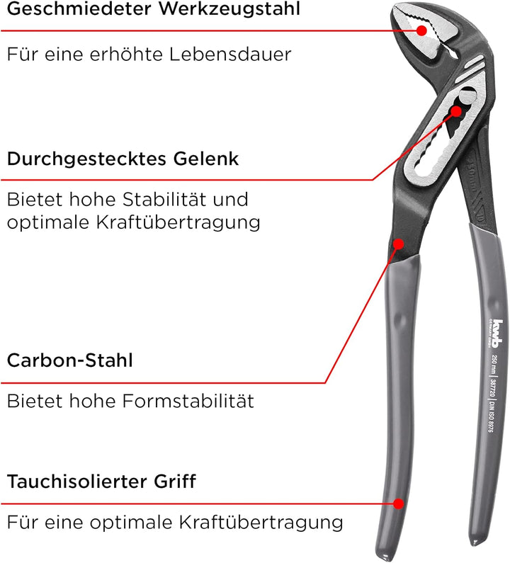 kwb Wasserpumpenzange in 250 mm, aus deutscher Herstellung, langlebig, tauchisoliertem Griff, 7-fach