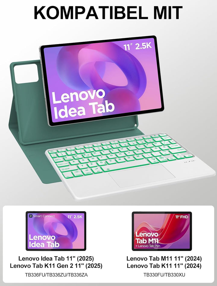JADEMALL Für Idea Tab 11" TB336FU Hülle mit Touchpad &amp; Beleuchtung QWERTZ | Mit 7-Farben Beleuchtung