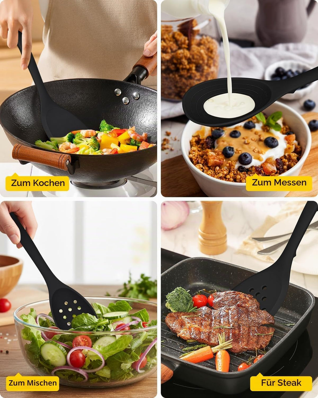 Packung von 4 Silikon Kochgeräte Set, Non-Stick-Festspalten und hitzebeständige Schlitzlöffel mit Rü