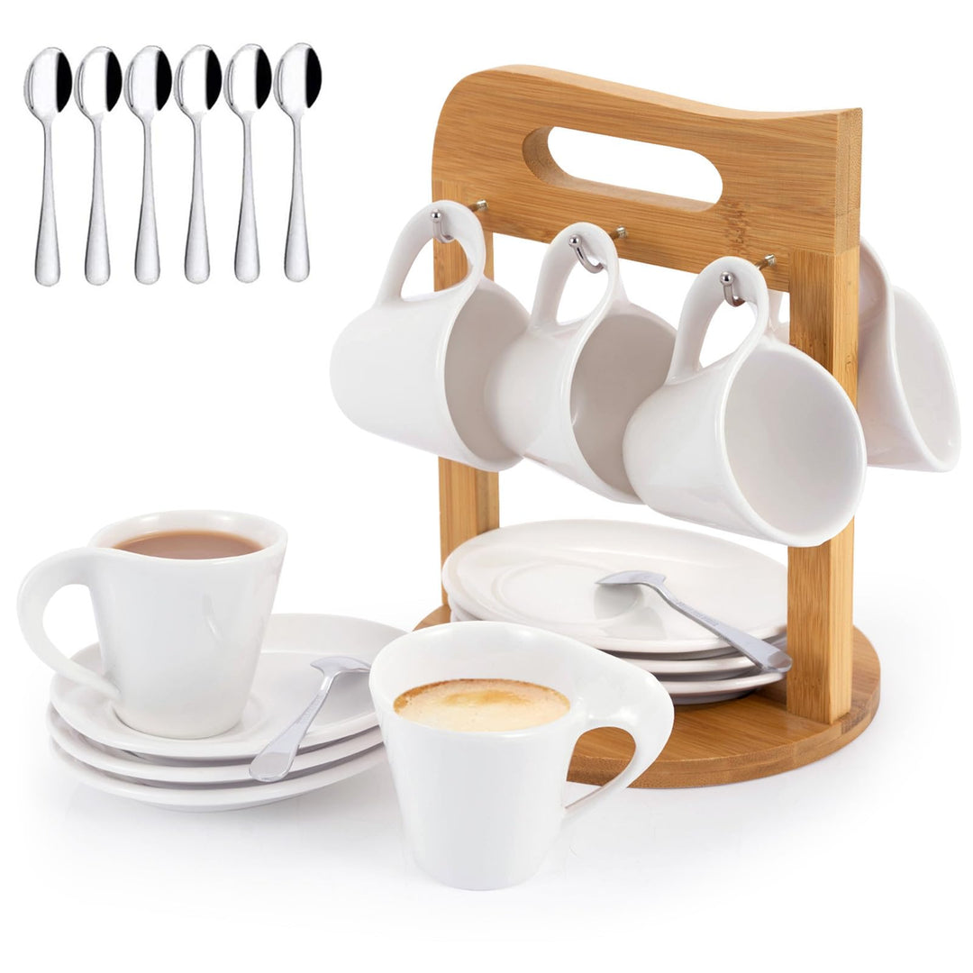JUJOYBD Espressotassen Set mit Ständer, 6 x 80ml Porzellan Espresso Tassen mit Untertassen Set, Mokk