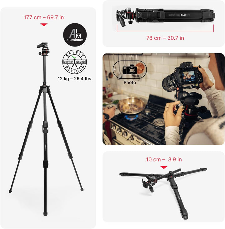 Manfrotto ONE Photo, Aluminium‑Stativ‑Kit mit XPRO 3‑Wege‑Kopf, 12 kg Tragkraft, 90° Horizontalsäule