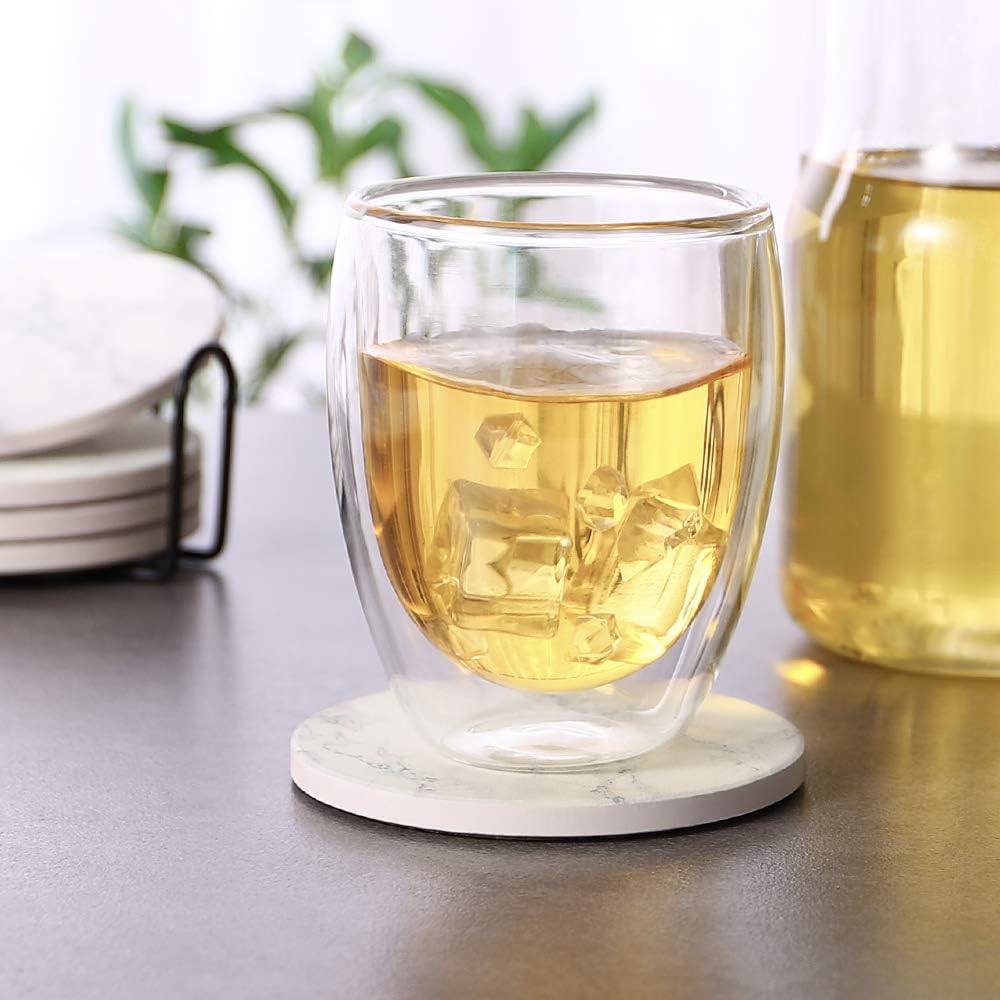 LIFVER Untersetzer Gläser, Glas Untersetzer-Set 6 Stücke mit Halter, Saugfähig Getränk Untersetzer m