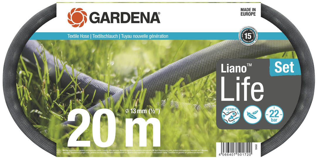 Gardena Liano Life Textilschlauch 1/2 Zoll, 20m Set: Hochflexibler Gartenschlauch aus Textilgewebe,