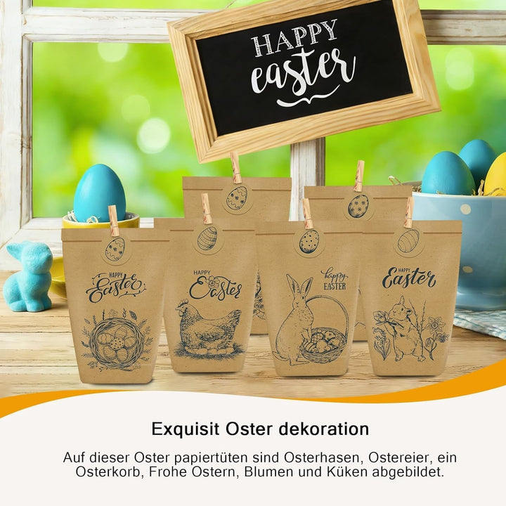 12 Stück Geschenktüten Ostern, Schwarz bedruckte Papiertüten mit Osterhasen, Papiertüten Ostern Oste
